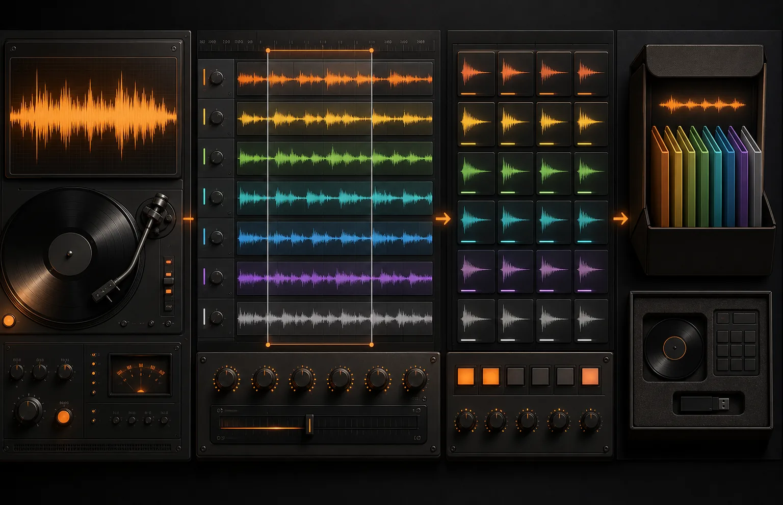 SongChop workflow showing stems, loops, one-shots, and organized outputs